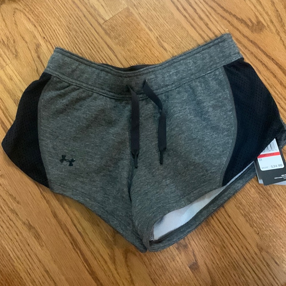 under armour grey and black shorts. soft comfy material